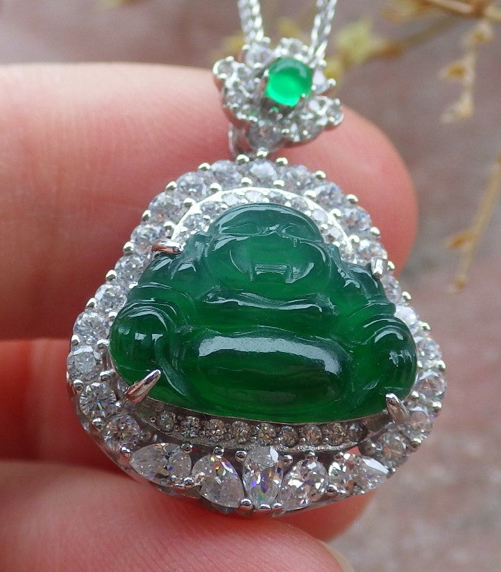 Icy Green Silver 925 Certified Burma 100% Natural A JADE Jadeite pendant Happy Buddha God Necklace 佛公 651867 TN