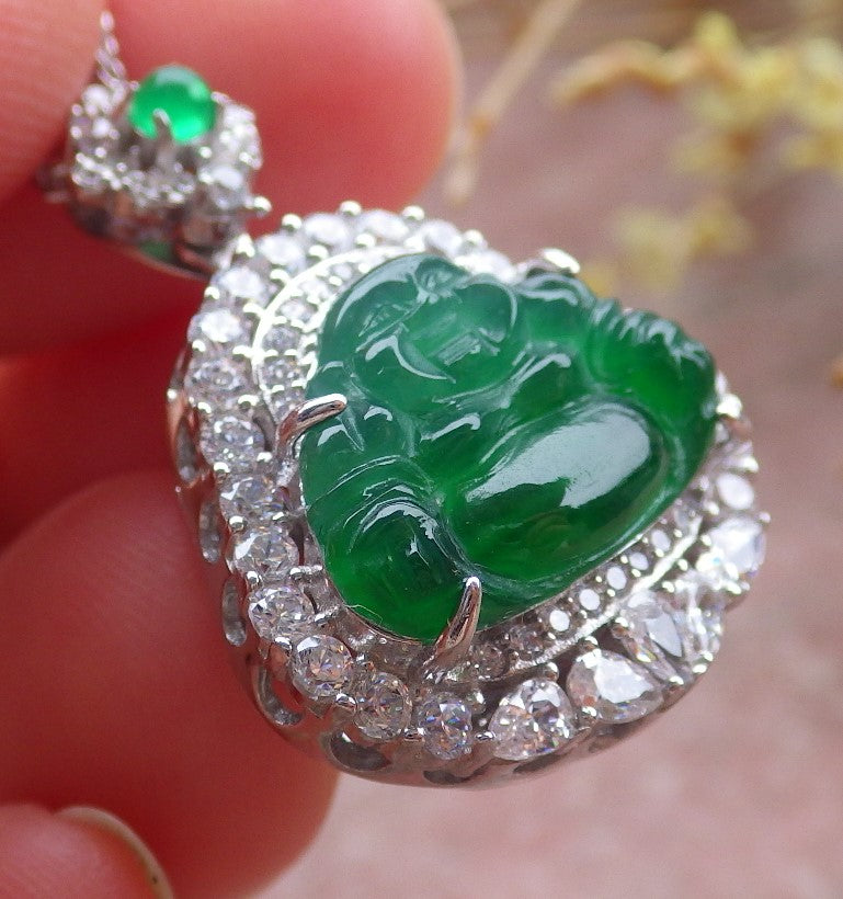 Icy Green Silver 925 Certified Burma 100% Natural A JADE Jadeite pendant Happy Buddha God Necklace 佛公 651867 TN