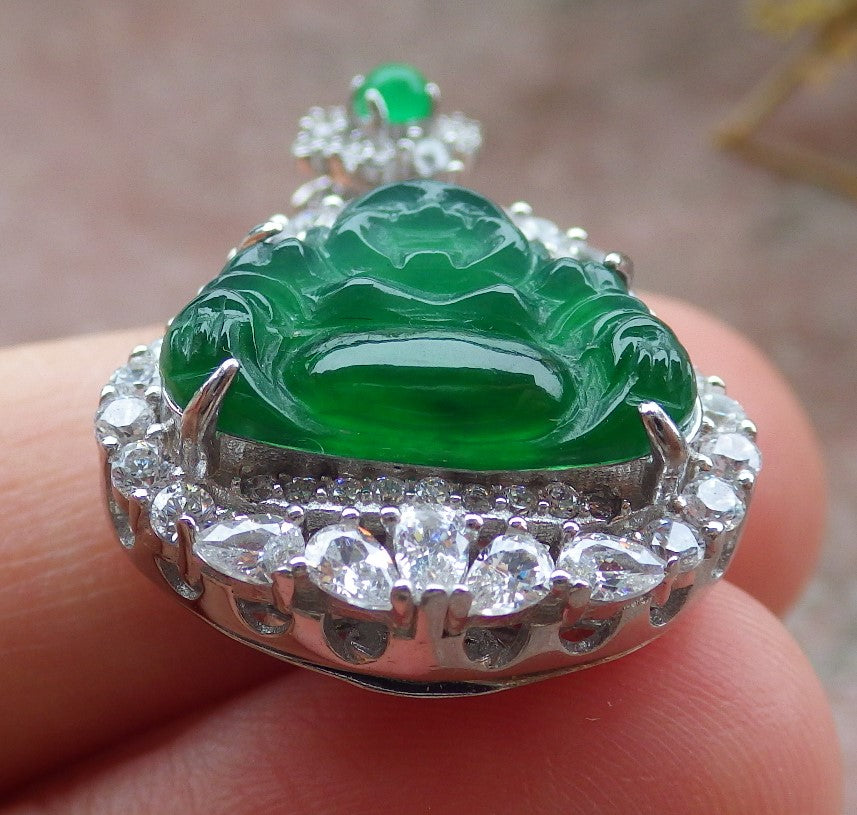 Icy Green Silver 925 Certified Burma 100% Natural A JADE Jadeite pendant Happy Buddha God Necklace 佛公 651867 TN