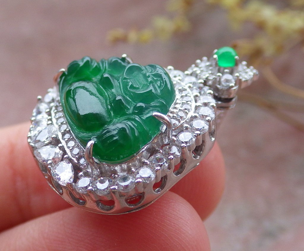 Icy Green Silver 925 Certified Burma 100% Natural A JADE Jadeite pendant Happy Buddha God Necklace 佛公 651867 TN