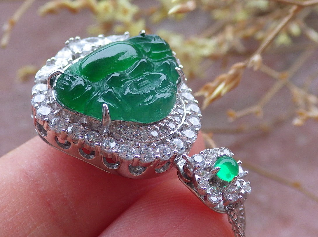 Icy Green Silver 925 Certified Burma 100% Natural A JADE Jadeite pendant Happy Buddha God Necklace 佛公 651867 TN