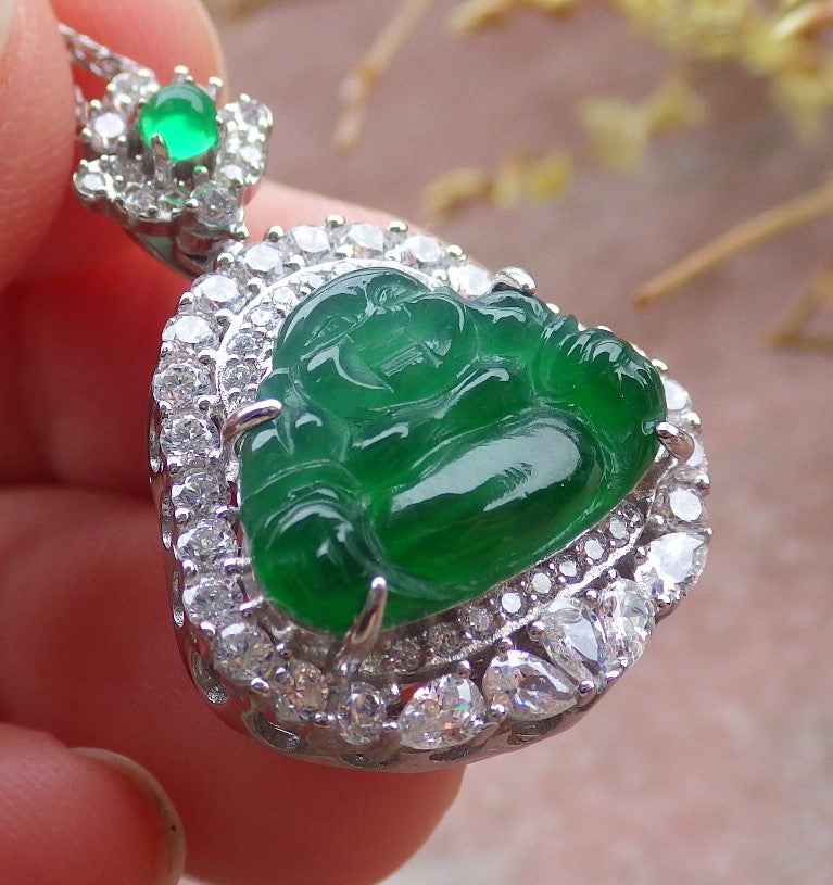 Icy Green Silver 925 Certified Burma 100% Natural A JADE Jadeite pendant Happy Buddha God Necklace 佛公 651867 TN