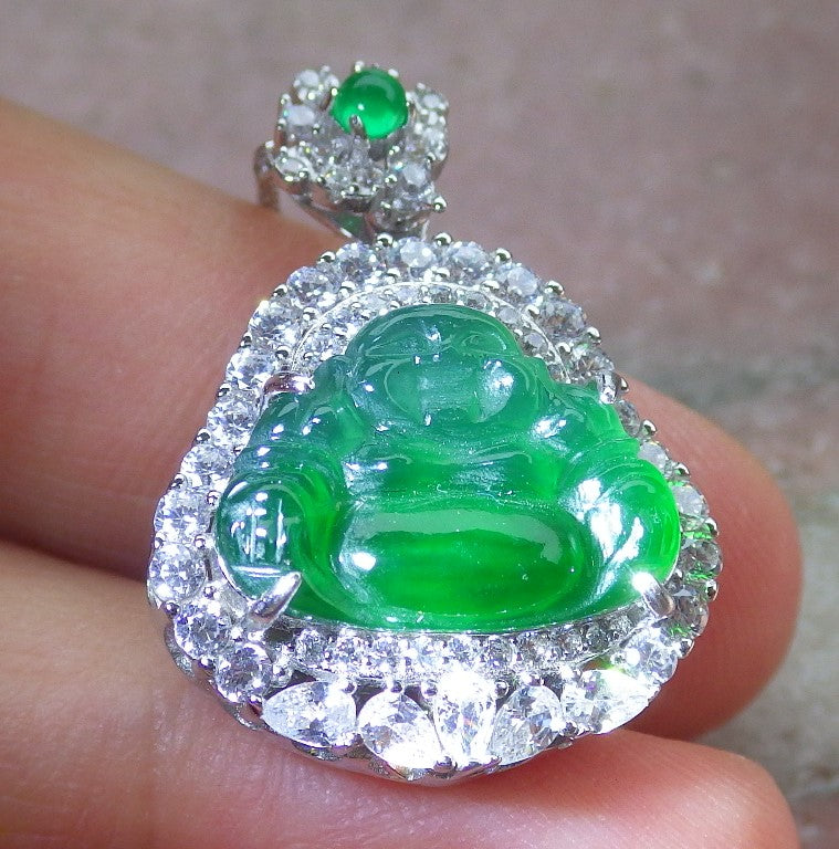 Icy Green Silver 925 Certified Burma 100% Natural A JADE Jadeite pendant Happy Buddha God Necklace 佛公 651867 TN
