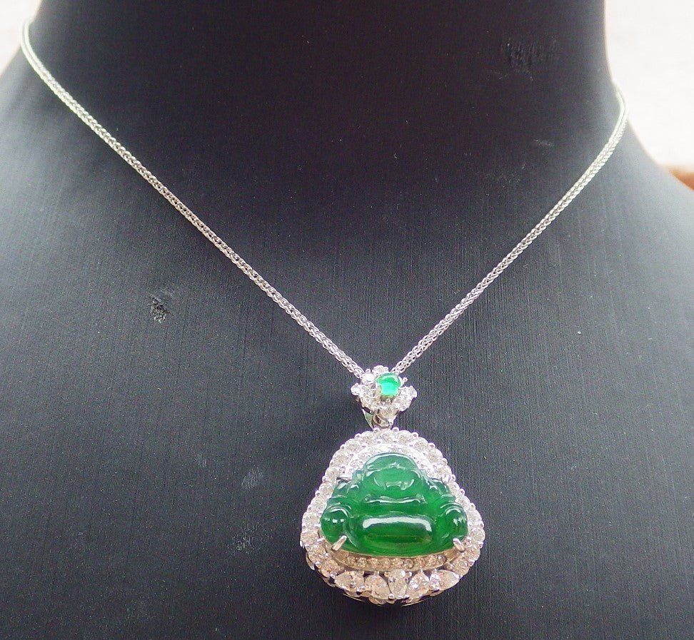 Icy Green Silver 925 Certified Burma 100% Natural A JADE Jadeite pendant Happy Buddha God Necklace 佛公 651867 TN