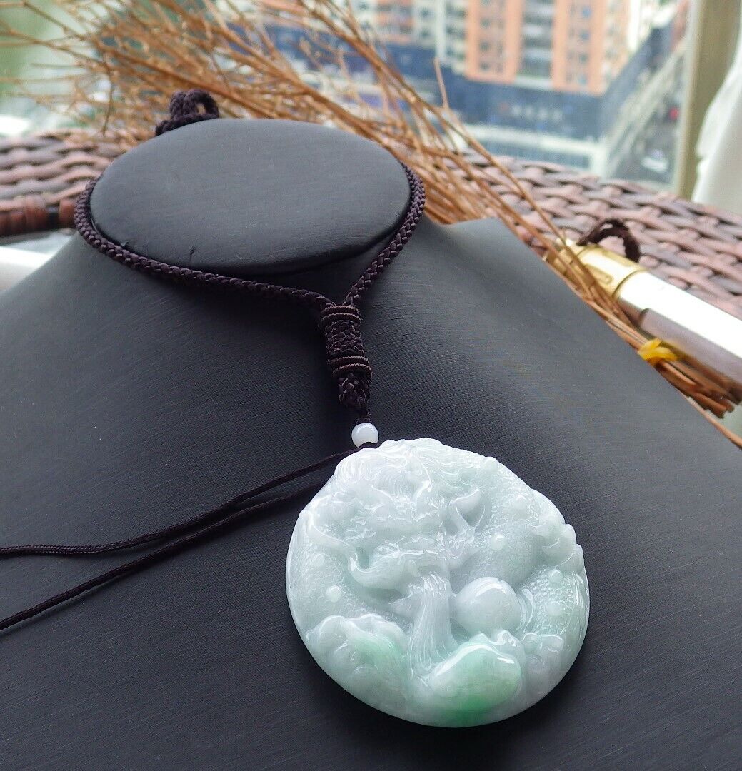Certified Green 100% Natural A Jade jadeite pendant Dragon Lotus Flower Ruyi Bead Necklace 生意兴隆 520825 TN