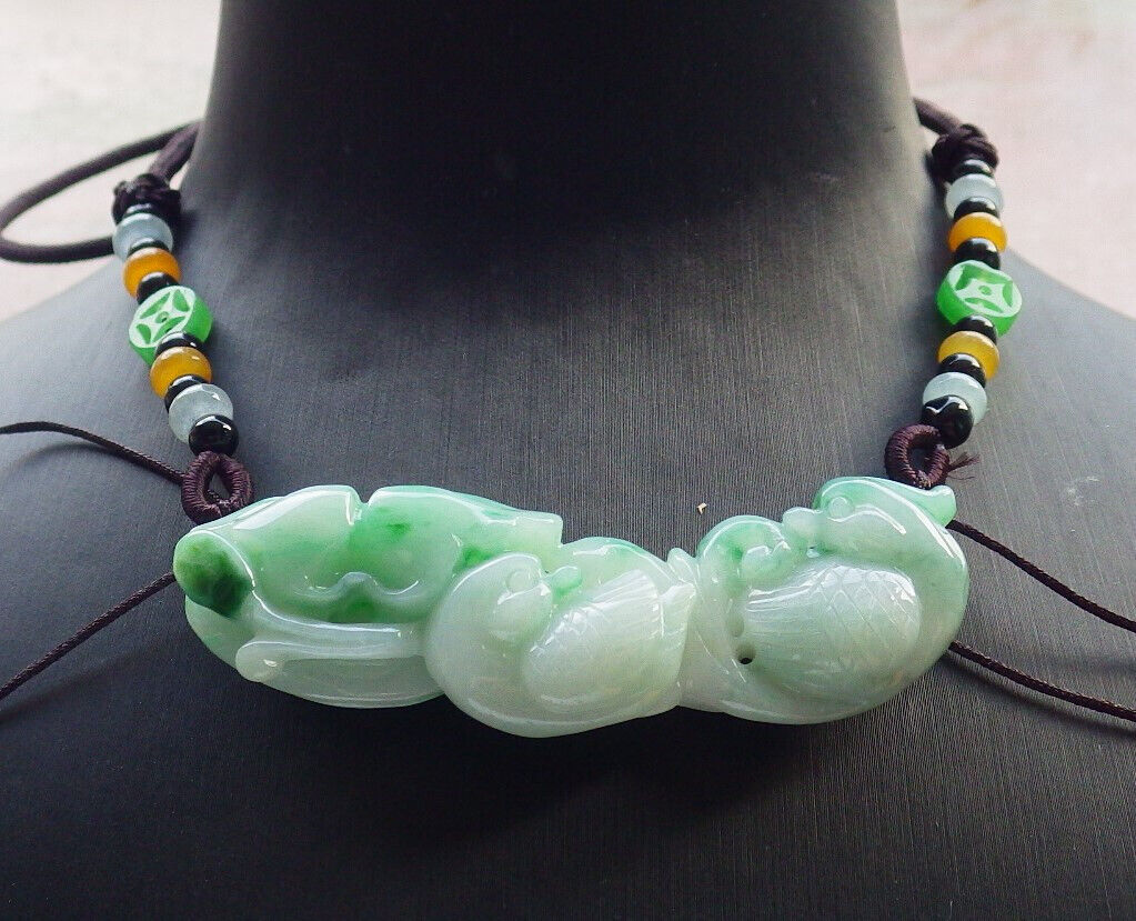 Certified Green Burma 100% Natural A Jade jadeite pendant Mandarin Duck Lotus Leaf Coin Necklace 634051 TN