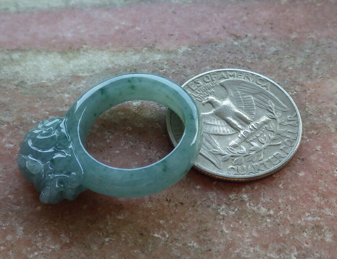 Certified Icy Green 100% Natural A JADE Jadeite Dragon Pi Xiu RING USA. 6.5 风水貔貅戒指 530062 TN