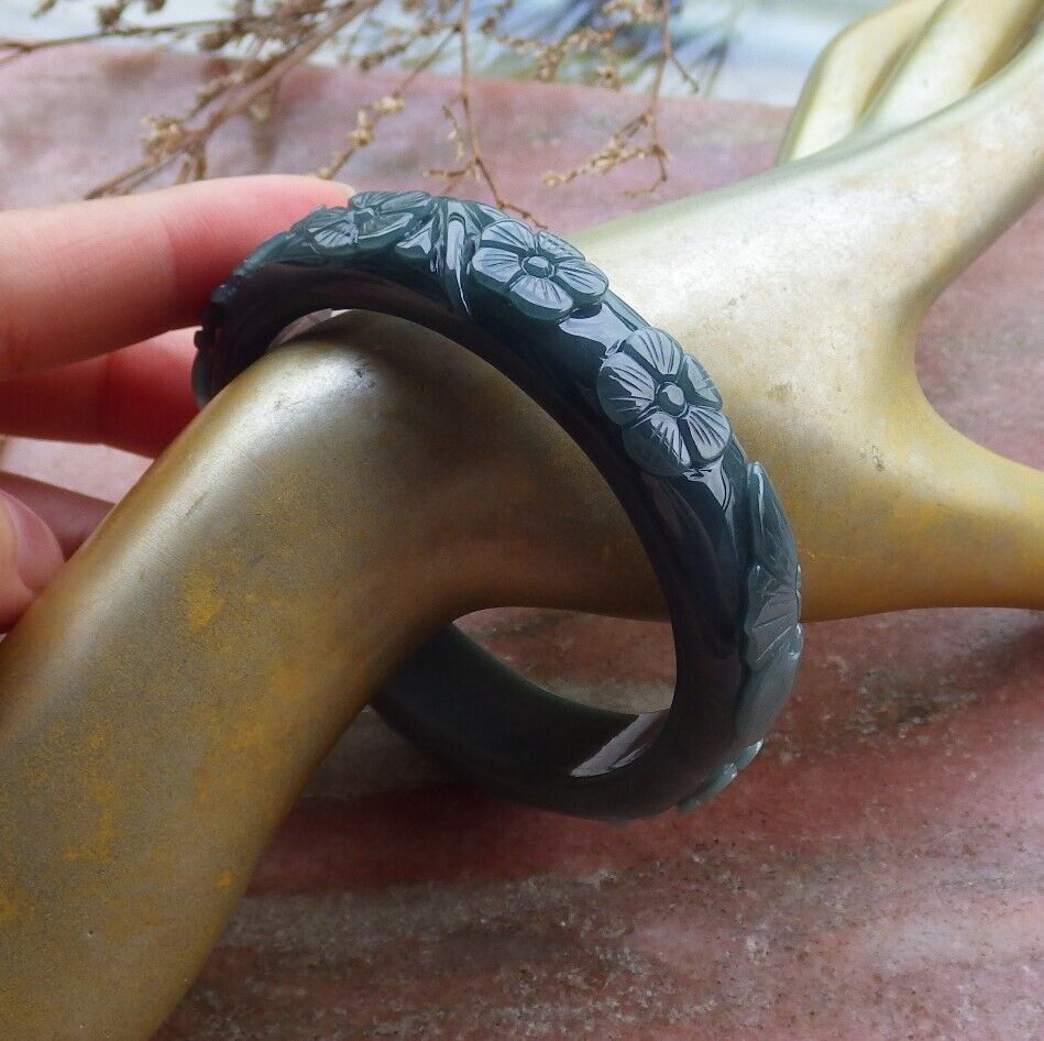 Certified Green Burma 100% Natural A JADE Jadeite Deer Lotus Flower Ruyi Coin Bangle Bracelet 56 mm 手镯 563759 TN