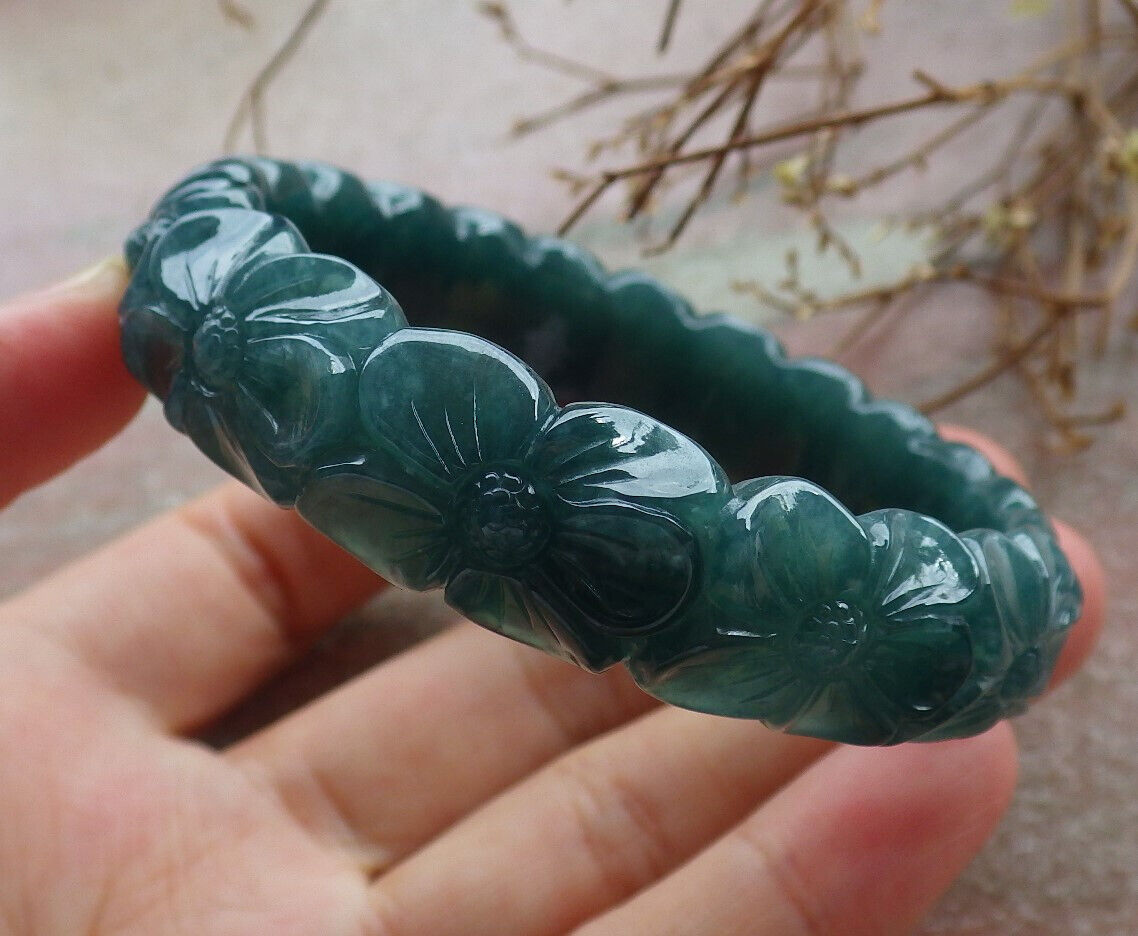 Certified Icy Blue Water Green Burma 100% Natural A JADE Jadeite Flower Bangle Bracelet 55 mm 635396 AS