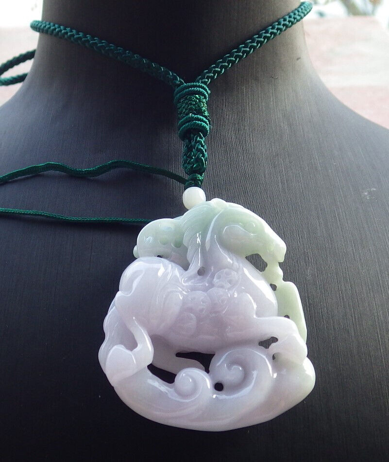 Certified Green Lavender Burma 100% Natural A Jade jadeite Pendant Horse Coin Ruyi Necklace 马到功成 634145 TN