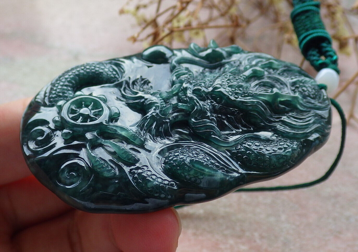 Certified Icy Blue Water Green Burma 100% Natural A Jade jadeite Pendant Dragon Bead Necklace 生意兴隆 634152 TN