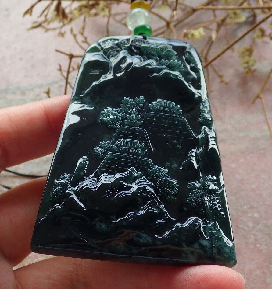 Certified Icy Blue Water Green Burma 100% Natural A Jade jadeite Landscape painting Tree Necklace 山水画 634014 TN