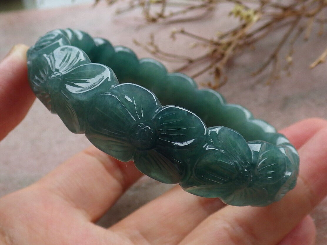 Certified Icy Green Burma 100% Natural A JADE Jadeite Flower Bangle Bracelet 55 mm 635451 AS