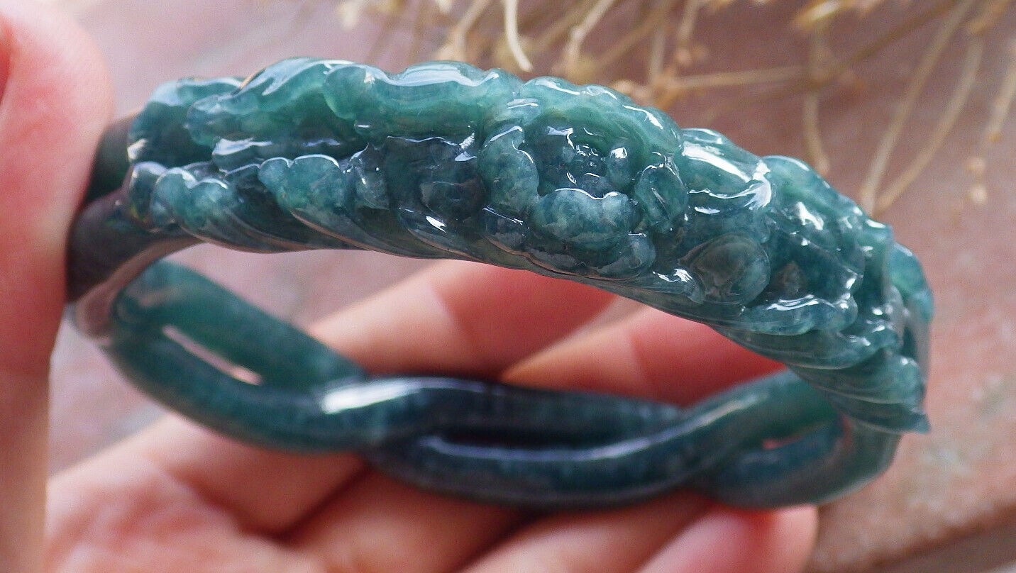Certified Icy Green Burma 100% Natural A JADE Jadeite Flower Knotted Bangle Bracelet 64 mm 手镯 646718 TN
