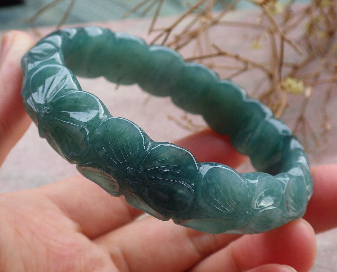Certified Icy Green Burma 100% Natural A JADE Jadeite Flower Bangle Bracelet 58 mm 635488 TN