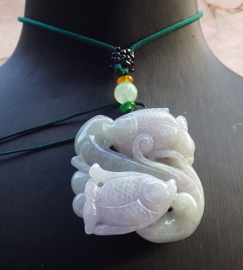 Certified Lavender Green Burma 100% Natural A Jade jadeite Pendant Fish Yuan Bao Necklace 年年有余 634285 TN