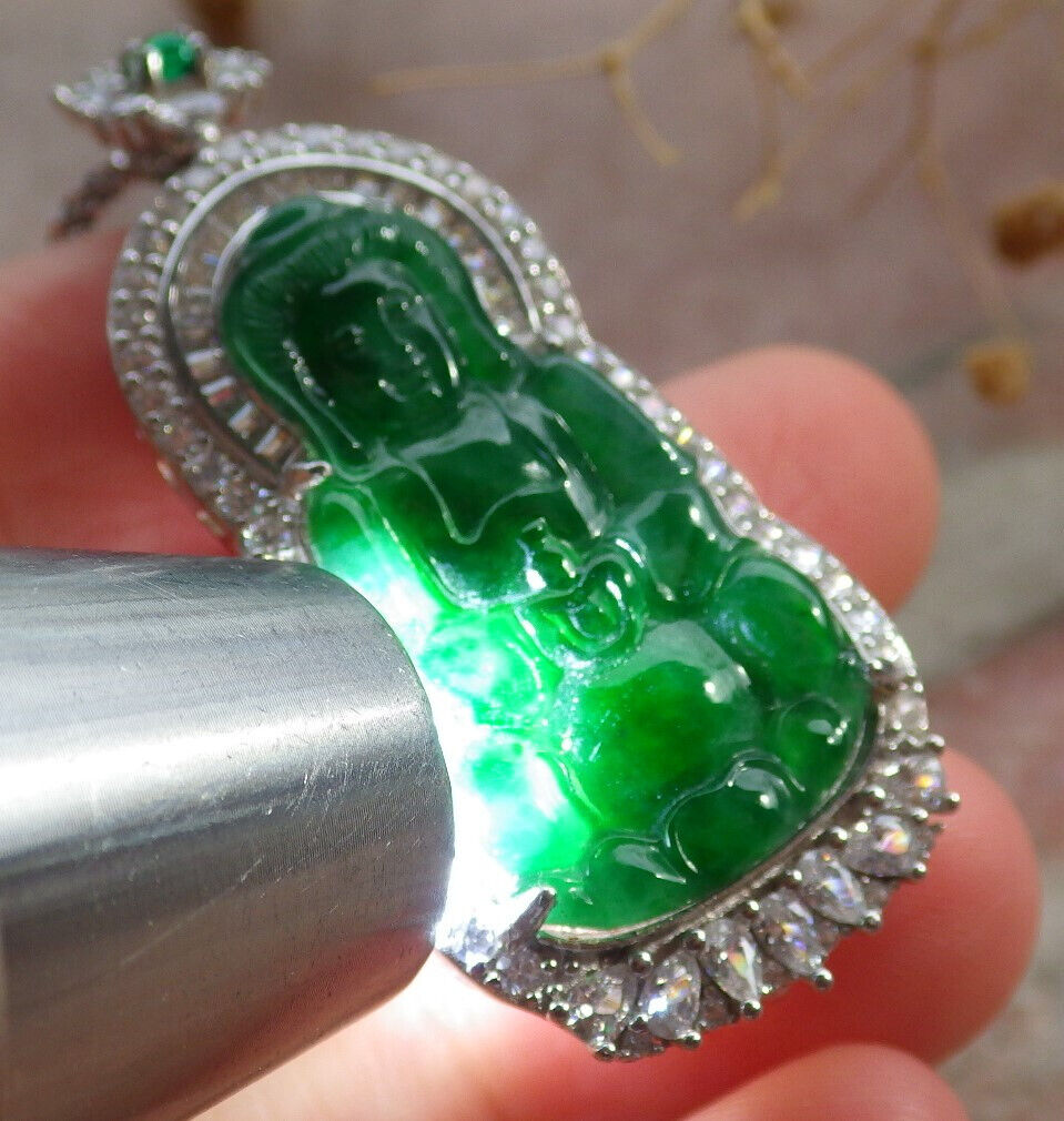 Sterling Silver 925 Certified Icy Green Burma 100% Natural A JADE Jadeite pendant Guanyin Kwan Yin Lotus Flower Necklace 观音 636112 TN