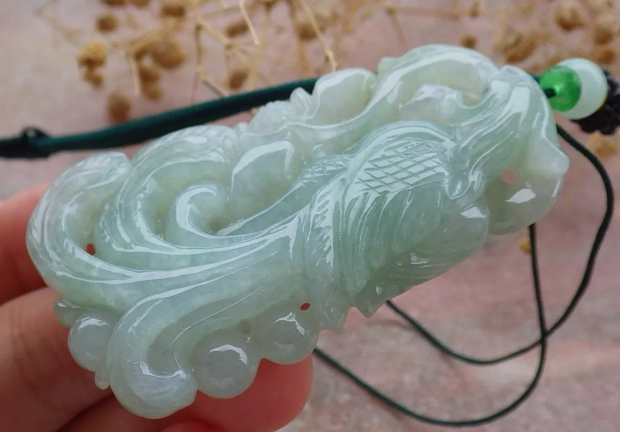 Certified Green Burma 100% Natural A Jade jadeite Pendant Phoenix Lotus Flower Necklace 凤凰 636743 TN