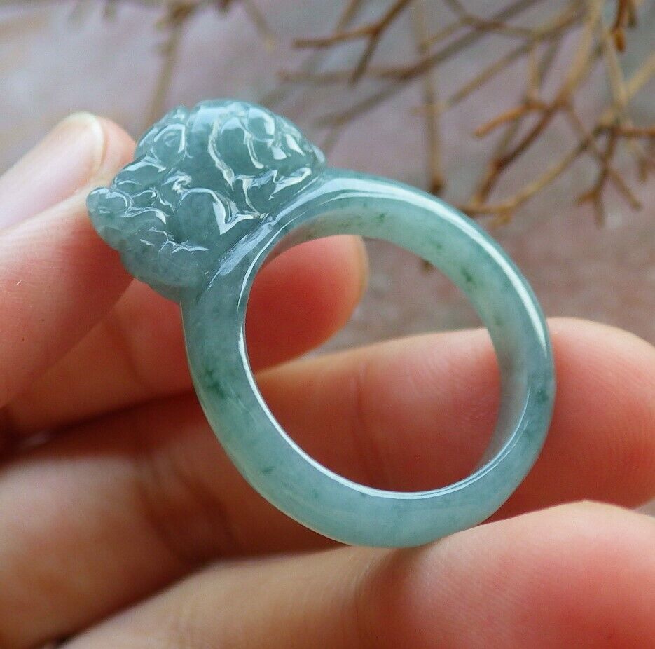 Certified Icy Green 100% Natural A JADE Jadeite Dragon Pi Xiu RING USA. 9 风水貔貅戒指 530081 TN