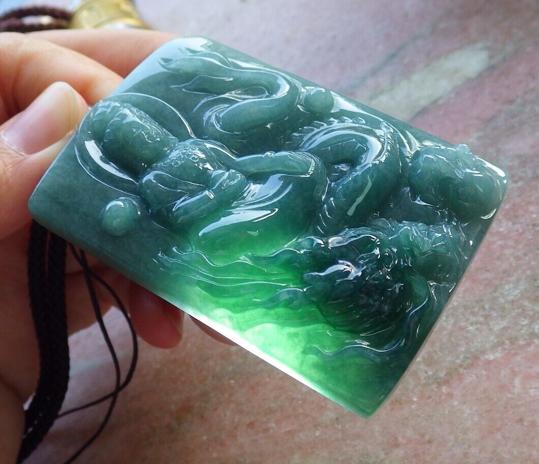 Certified Icy Green Burma 100% Natural A Jade jadeite Pendant Guanyin Kwan Yin Dragon Necklace 观音 574877 TN