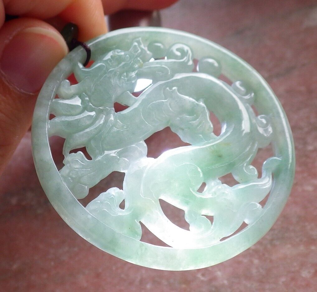 Certified Green Burma 100% Natural A Jade jadeite Pendant Dragon Circle Necklace 生意兴隆 646443 TN
