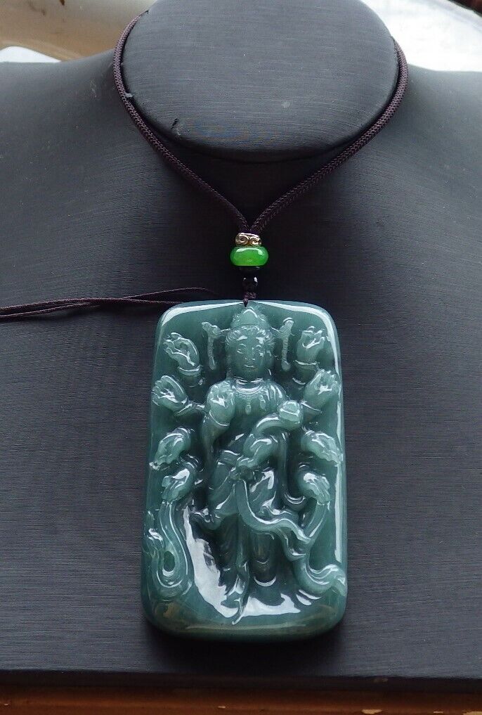 Certified Green Burma 100% Natural A Jade jadeite pendant 1000 Hand Guanyin Kwan Yin Necklace 观音 525088 TN