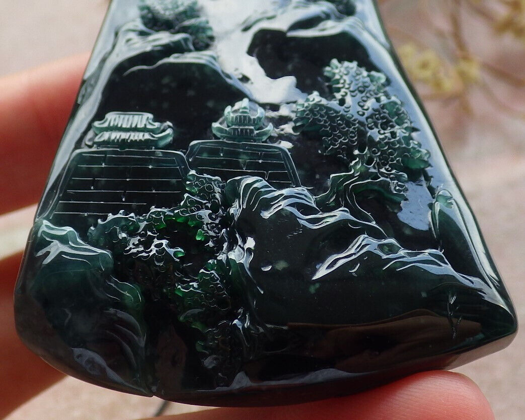 Certified Icy Blue Water Burma 100% Natural A Jade jadeite Pendant Landscape painting Tree Necklace 山水画 633943 TN
