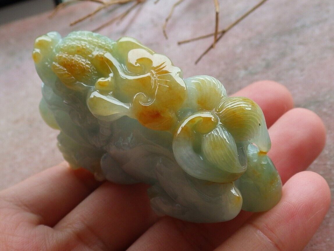 Certified Yellow Green Burma 100% Natural A Jade jadeite Display Dragon Pi Xiu Money Coin Lotus Flower Ruyi 风水貔貅 498174 TN