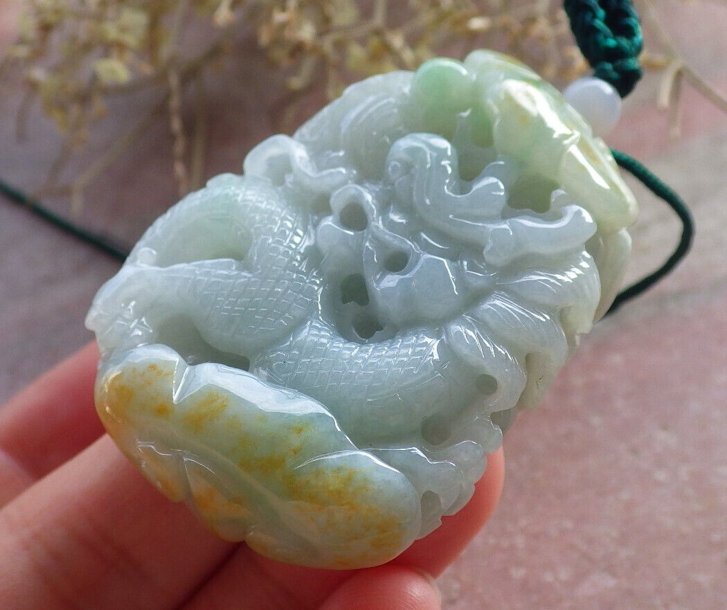 Certified Yellow Green Burma 100% Natural A Jade jadeite Pendant Dragon Ruyi Bead Necklace 生意兴隆 646776 TN