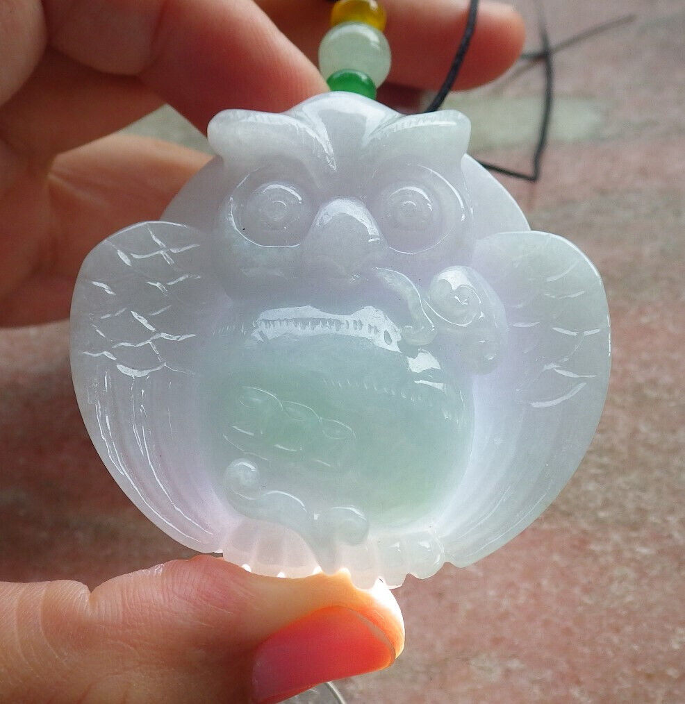 Certified Green Pale Lavender Burma 100% Natural A Jade jadeite Pendant Owl Ruyi Coin Necklace 猫头鹰 633436 TN