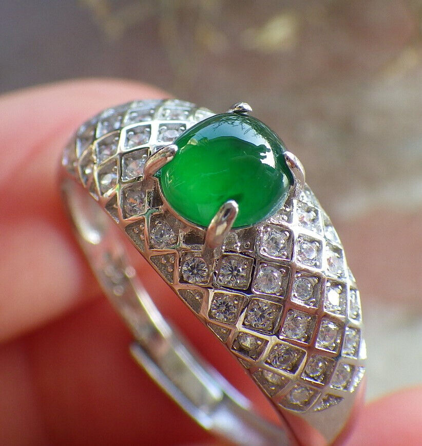 Certified Icy Green silver 0.925 Burma 100% Natural A JADE Jadeite Cabochon RING USA 10.75 戒指 645789 TN
