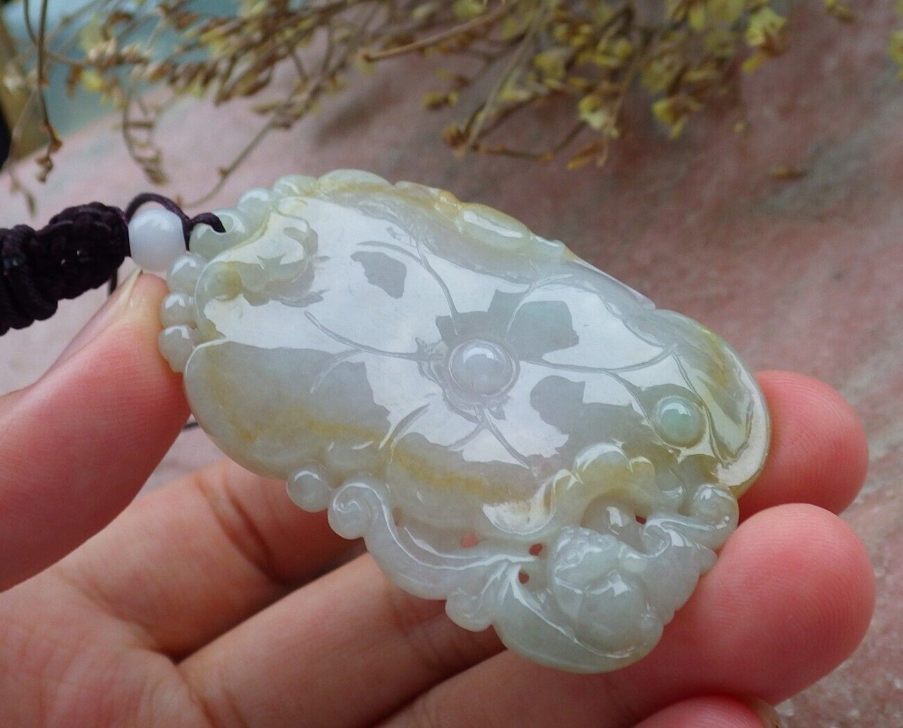 Certified Green Yellow Burma 100% Natural A Jade jadeite Pendant Bat Lotus Leaf Necklace 蝙蝠 575048 TN