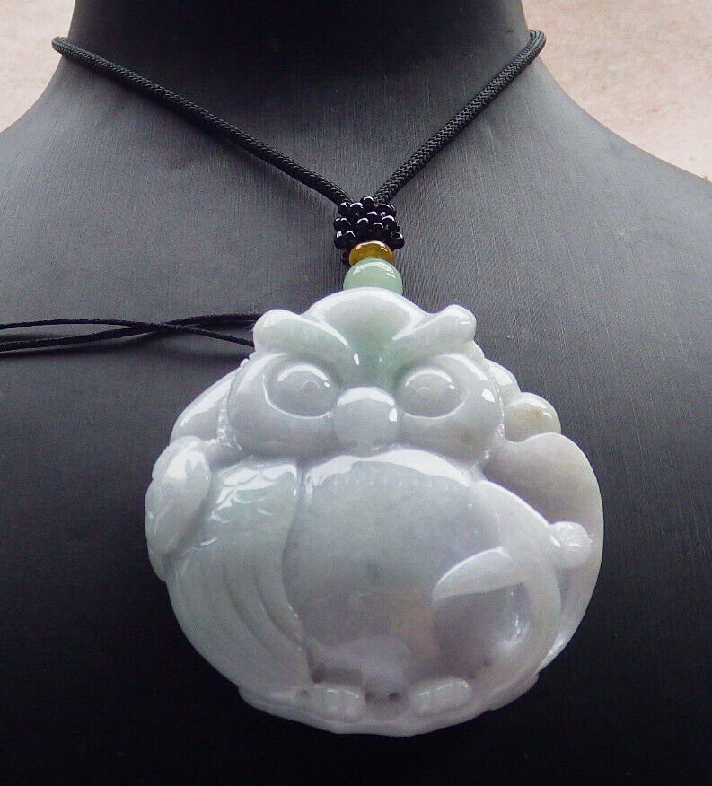 Certified Green Burma 100% Natural A Jade jadeite Pendant Owl Ruyi Necklace 猫头鹰 633581 TN