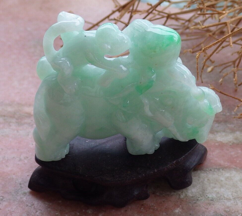 Certified Green 100% Natural A Jade jadeite Display Elephant Money Peach 大象 520344 TN** Include woodstand **