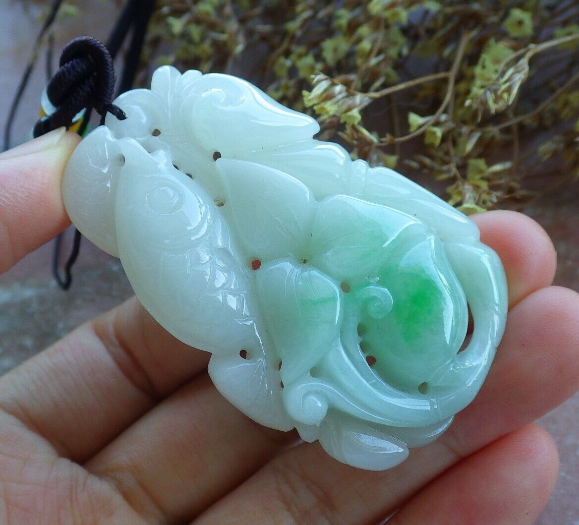 Certified Green 100% Natural A Jade jadeite Pendant Fish Lotus Flower Ruyi Coin Necklace 年年有余 529799 TN