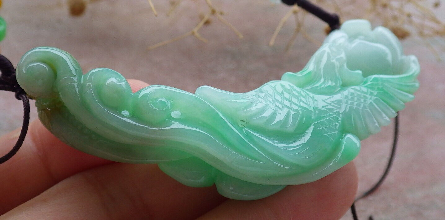 Certified Green Burma 100% Natural A Jade jadeite Pendant Phoenix Flower Ruyi Necklace 凤凰 636603 TN