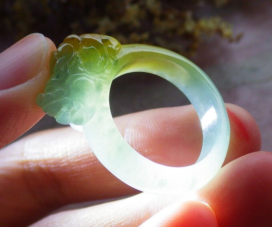 Certified Icy Yellow Green 100% Natural A JADE Jadeite Dragon Pi Xiu RING USA. 9 戒指 523815 TN