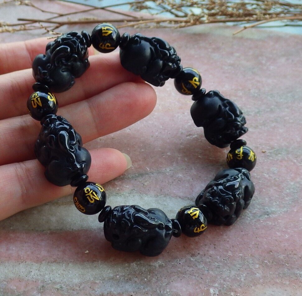 Certified Green Black Burma 100% Natural A JADE Jadeite Bead Beads Bangle Dragon Pi Xiu Coin Bracelet 墨翠风水貔貅手链 565180 TN
