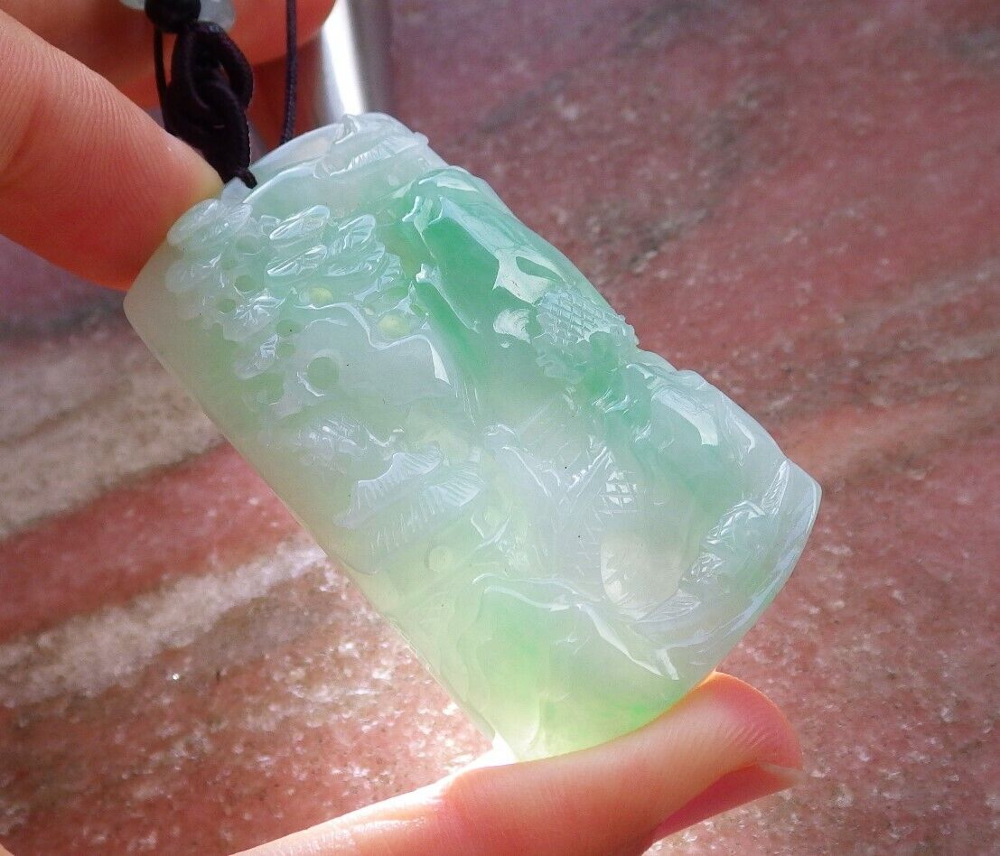 Certified Icy Green Burma 100% Natural A Jade jadeite Landscape painting Tree Necklace 山水画 525860 TN