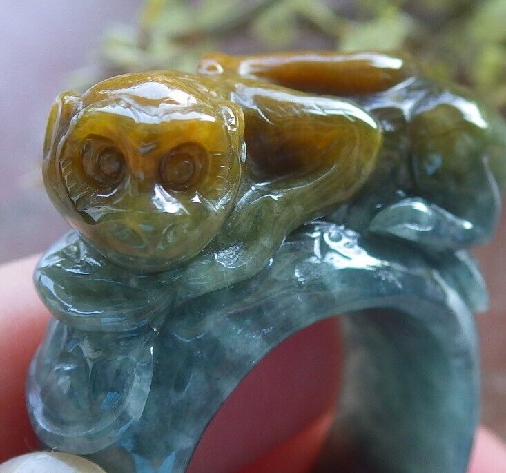 Certified Yellow Icy Green Burma 100% Natural A JADE Jadeite Monkey Coin RING USA. 10 戒指 574078 TN