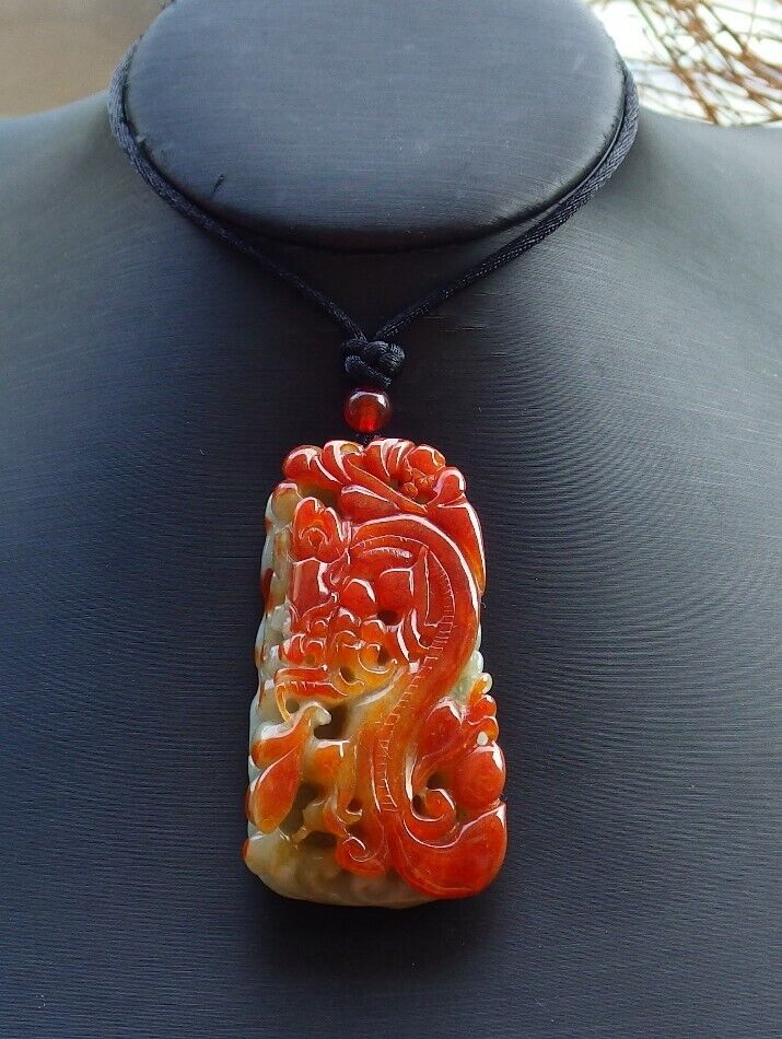 Certified Red 100% Natural A Jade jadeite Pendant Dragon Bat Lotus Leaf Necklace 龙 526231 TN
