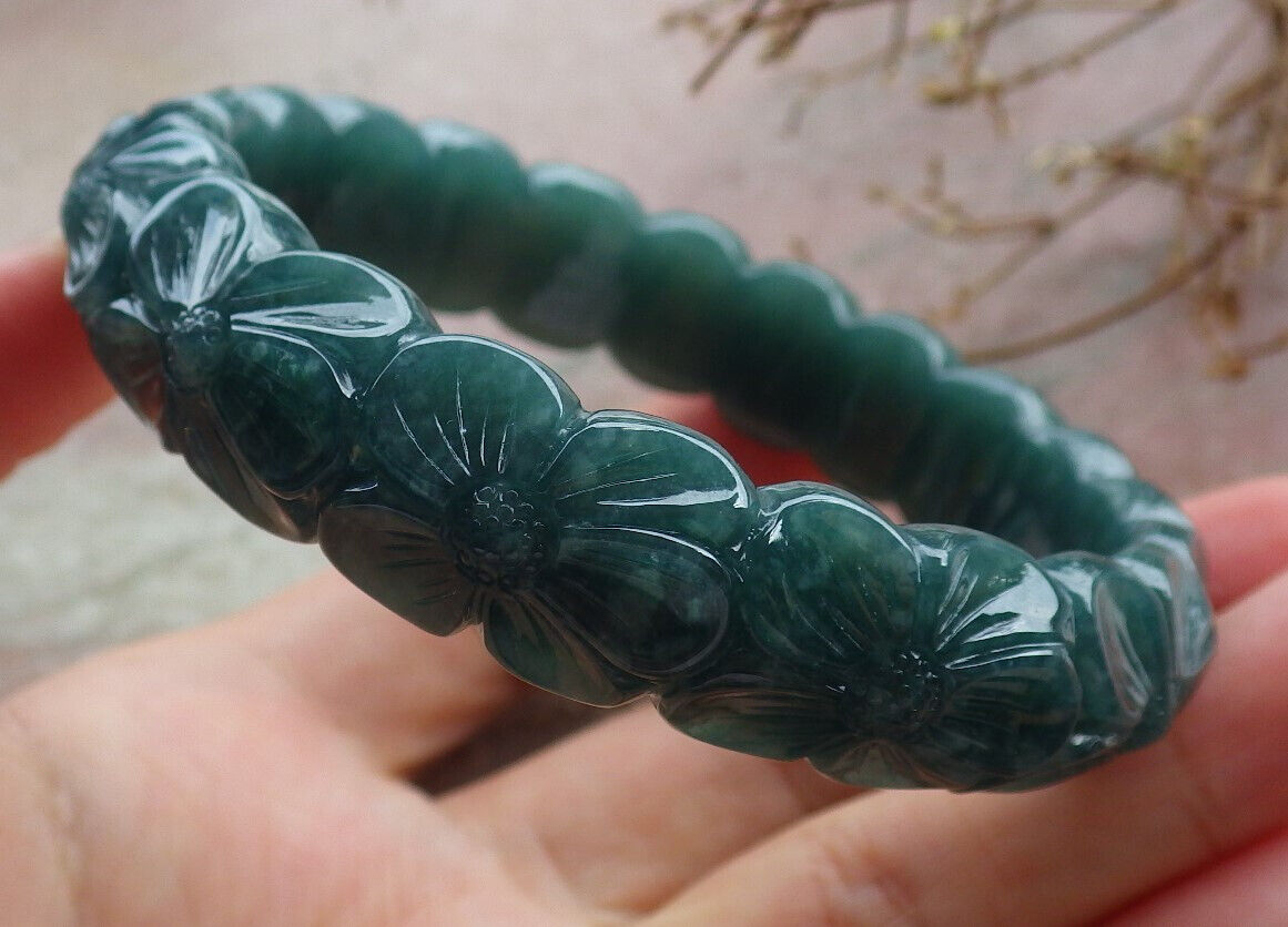 Certified Icy Green Burma 100% Natural A JADE Jadeite Flower Bangle Bracelet 60 mm 635415 AS