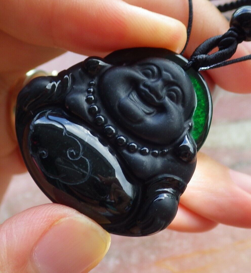 Certified Black Green 100% Natural A Jade jadeite pendant Happy Buddha God Necklace 墨翠 佛公 528946 TN