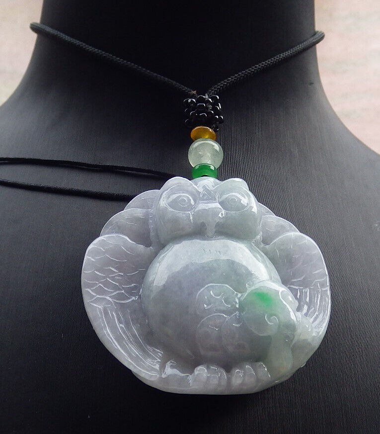 Certified Lavender Green Burma 100% Natural A Jade jadeite Pendant Owl Peach Necklace 猫头鹰 636180 TN