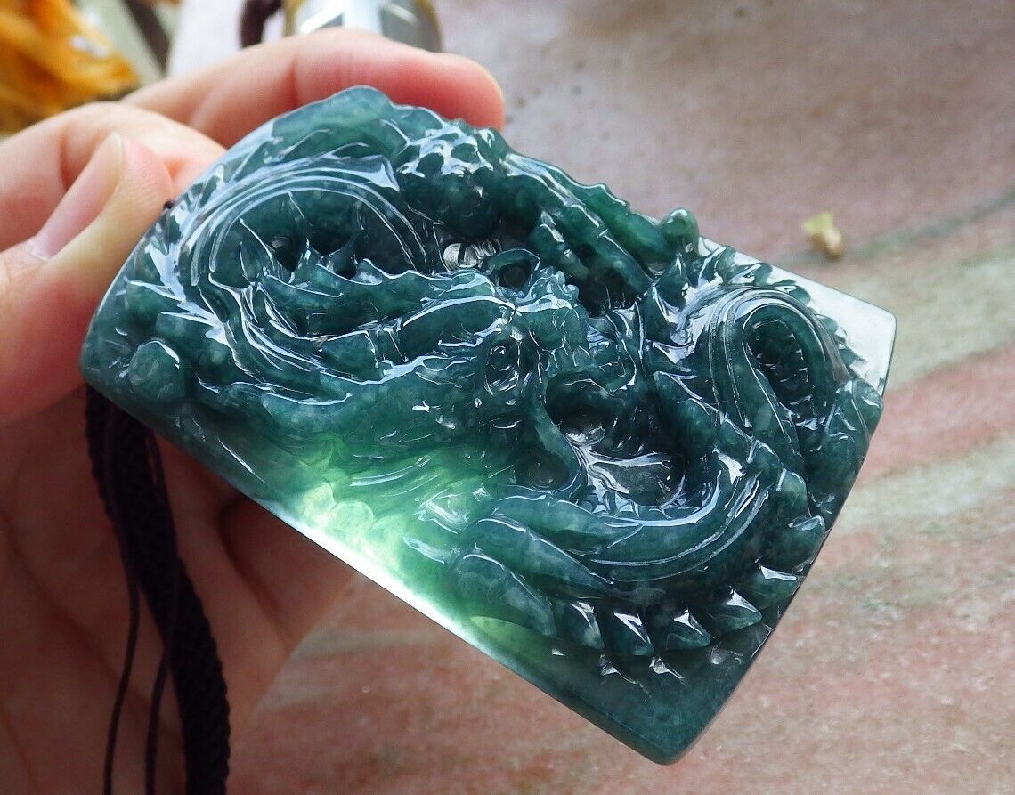 Certified Icy Green Burma 100% Natural A Jade jadeite Pendant Dragon Ruyi Necklace 生意兴隆 574732 TN