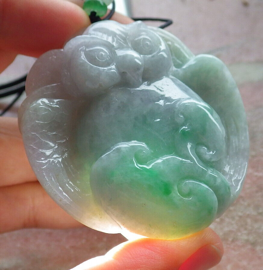 Certified Green Burma 100% Natural A Jade jadeite Pendant Owl Ruyi Coin Necklace 猫头鹰 633414 TN