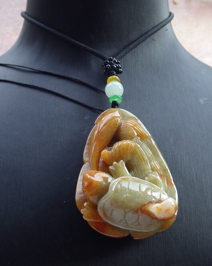 Certified Yellow Green Burma 100% Natural A Jade jadeite pendant Turtle Ruyi Necklace 长寿龟 632601 TN