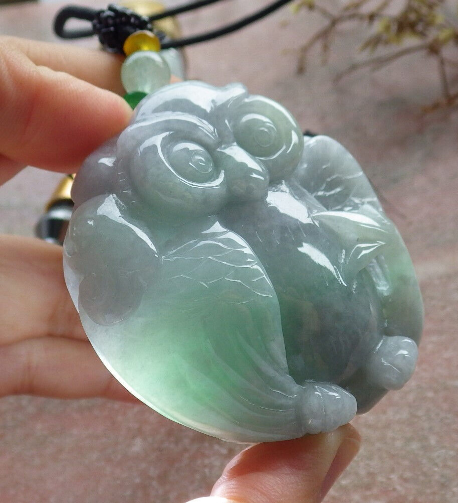 Certified Green Burma 100% Natural A Jade jadeite Pendant Owl Ruyi Necklace 猫头鹰 633445 TN