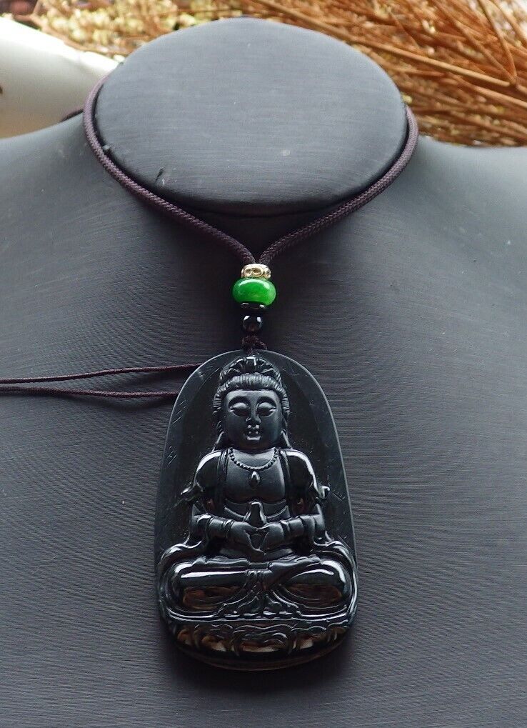 Certified Green Black 100% Natural A Jade jadeite pendant Guanyin Kwan Yin Lotus Flower Necklace 墨翠 观音 525065 TN