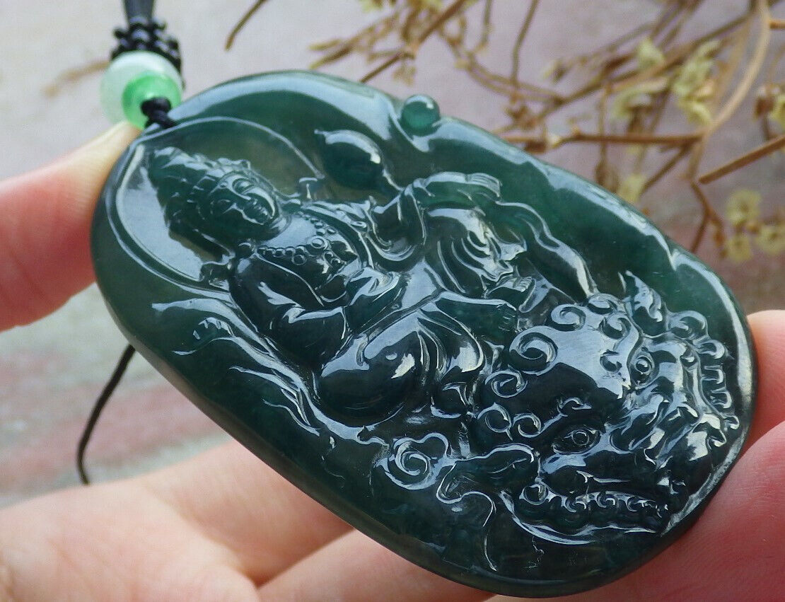 Certified Icy Blue Water Green Burma 100% Natural A Jade jadeite Pendant Guanyin Kwan Yin Dragon Flower Necklace 观音 633868 TN